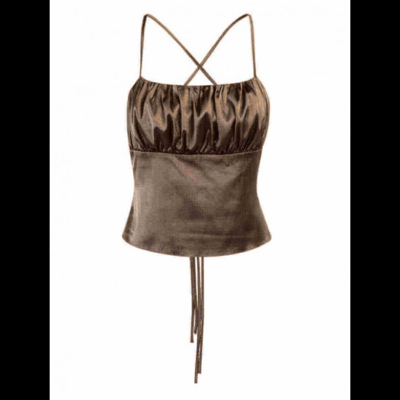 💋Brown Laced Backless Crisscross Back Ties WRuched Front Sexy Crop Camisole Top - Picture 3 of 3